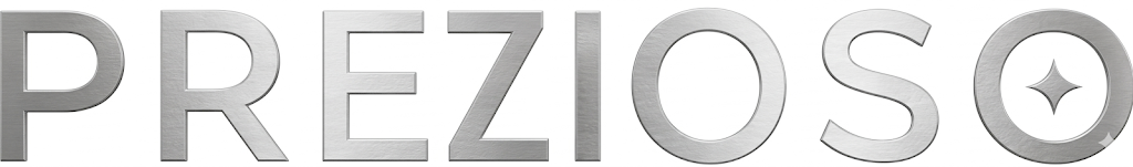 Silver PREZIOSO logo featuring a sleek brushed aluminum finish and a signature star icon within the letter O.
